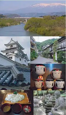 Shiroishi montage, Top: Zao Mount Range and Shiroishi River, Middle left: Shiroishi Castle, Middle upper right: Kamasaka Spa, Middle lower right: Yajiro Kokeshi, Bottom left: Shiroishi Hot Noodle (Umen), Bottom right: Mausoleum of the Katakura Clan.