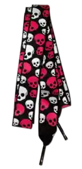 A shoelace featuring red and white skulls.
