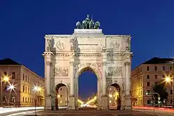 The Siegestor in Munich, Germany, a Bavarian army monument, destroyed in World War II but partially rebuilt as a reminder for peace