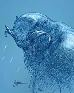 Illustration of a Snow-troll, a large humanoid creature with no nose, large tusks coming from the sides of its mouth, and a beard