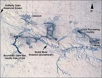 Estevan, and the Estevan Coalfield, along the Souris River, viewed from the Space Shuttle, February 2001