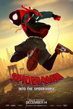 Swinging high over the city, the Brooklyn bridge in the distance, is Miles Morales, in his Spider-Man suit, additionally wearing a hoodie, shorts and sneakers