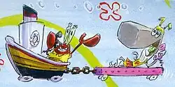 A painting of Mr. Krabs and Pearl talking to each other on the telephone while traveling on their caravan boat