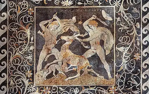 Stag Hunt Mosaic from the House of the Abduction of Helen at Pella, ancient Macedonia, late 4th century BC