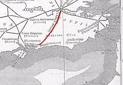 map of southeast England with red line from mid-south to northwest