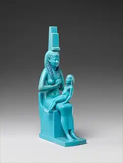 Statuette of Isis and Horus; 332–30 BC; faience; height: 17&nbsp;cm, width: 5.1&nbsp;cm, depth: 7.7&nbsp;cm; Metropolitan Museum of Art