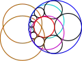 Under inversion, these lines and circles become circles with the same intersection angle,&nbsp;2θ. The gold circles intersect the two given circles at right angles, i.e., orthogonally.