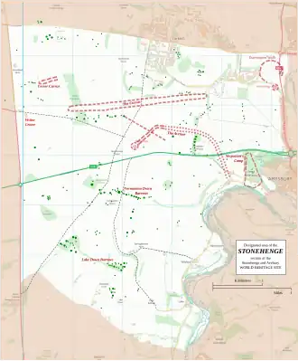 Map showing the boundary of the Stonehenge and Avebury World Heritage Site, with the location of Bush Barrow