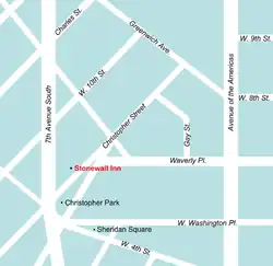 A color digital map of the Greenwich Village neighborhood surrounding the Stonewall Inn in relation to the narrow and diagonal streets that make small triangular and other oddly shaped city blocks