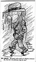 'Mr. Subbubs: "My gamp's stolen and I can't afford an overcoat. Ah, why don't our politicians stop the rain?"', published in The News (Adelaide), 2 August 1923.