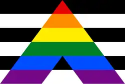 A flag of black and white horizontal stripes, overlaid with an inverted V of the rainbow flag