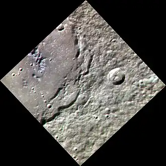 Approximate color image of eastern Stravinsky, showing bluish color of central peak