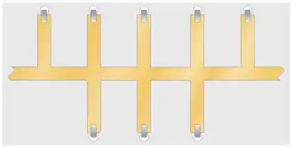 A stripline circuit consisting of a through line with regularly spaced branch lines perpendicular to it. Each branch line (except the first and the last) extends both sides of the through line and is terminated in short-circuit straps at both ends. The first and last branch line extend to only one side, are half the length of the other branches, and have only one terminating short-circuit strap.