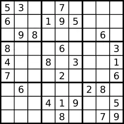 A sudoku 9x9 grid, some with a number filled in them.