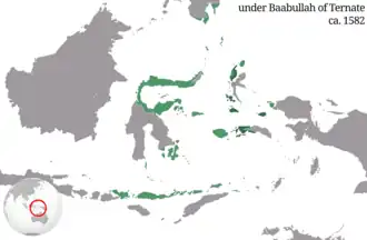 The Sultanate of Ternate at its greatest extent during the reign of Babullah of Ternate, c. 1582.
