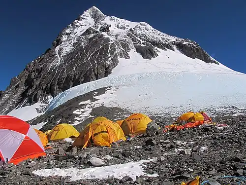 The South Col of Mount Everest, at 7,906 m (25,938 ft) the upper staging point for attempts on its summit.