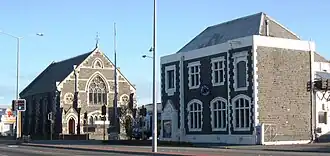 The historic Sydenham Post Office and the Sydenham Heritage Church prior to the 2011 Christchurch earthquake