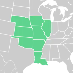 Symphyotrichum turbinellum distribution map: US — Primarily the Ozarks of Arkansas, Illinois, Iowa, Kansas, Louisiana, Missouri, Nebraska, and Oklahoma.