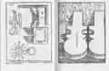 1620 Germany. Left side shows illustrations from Michael Praetorius' Syntagma Musicum Theatrum Instrumentorum seu Sciagraphia