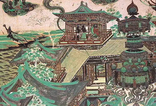Tang dynasty mural of architecture from Mogao Grottoes