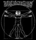 Leonardo's c. 1490 drawing of the Vitruvian Man is used in many contexts, including T-shirts.