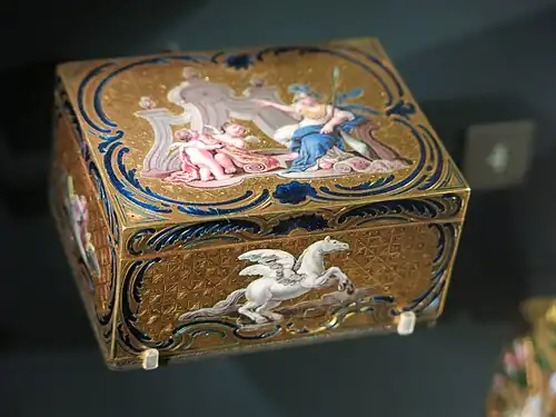 Rococo snuff box with Minerva, by Jean-Malquis Lequin, 1750–1752, gold and painted enamel, Louvre[119]