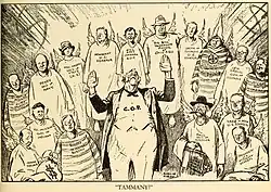 "Tammany!" portrays the Republican party as hypocritical in decrying the Tammany Hall political machine.