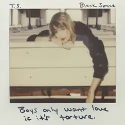 Cover artwork of "Blank Space", a polaroid photo of Swift leaning on a bench, with her initials, the song's title, and a lyric written on it