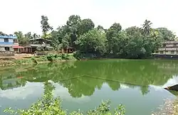 A body of water, surrounded by trees and buildings