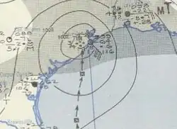 Weather map showing the storm with weather observations and isobars plotted