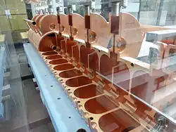 A cutaway view of the 805&nbsp;MHz side-couple cavities[39]