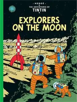 Wearing space suits, Tintin, Snowy, and Haddock are exploring the surface of the moon, with their rocket ship in the background.