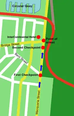 A map of Sydney showing the route taken by the motorcade. They traveled up Macquarie Street, through the first checkpoint at the Kent Street intersection, and a second checkpoint just before they were stopped at the Bridge Street intersection and detained outside the InterContinental Hotel.