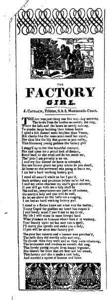 A screenshot of an old newpaper or journal printing of The Factory Girl. There is an illustration of some women in the street above the title and ornamental illustration at the bottom.