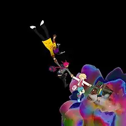 Anime-style illustration of four characters: a purple-haired figure in yellow hangs upside down holding hands with a pink-haired figure; below, a blonde in white and a green-haired figure enter a door on a multicolored object, also holding hands