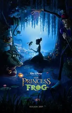 A cartoon image of a woman in a princess costume with a frog in her hand.