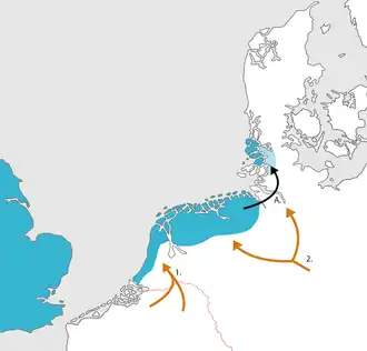 &nbsp;&nbsp;Position of North Sea Germanic dialects (Old English & Old Frisian) directly following the migration period. &nbsp;&nbsp;Linguistic expansion of Old Frankish (1.) and Old Low German (2.). &nbsp;&nbsp;10th/11th century migration of (Ems) Frisian speakers to the North German mainland (A.)