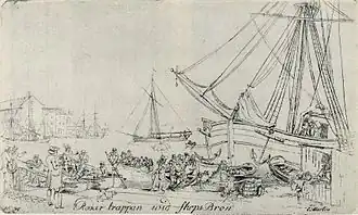 1800 etching, "The steps on Skeppsbro", Stockholm, supposedly depicting Carl Michael Bellman's fictional muse, Ulla Winblad