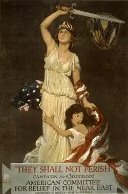 Columbia depicted in an American Committee for Relief in the Near East poster defending an Armenian woman beneath her flag