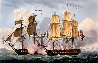 Two single decked warships, one flying a French flag and the other a British flag fire at one another through heavy smoke with land and other ships in the distance.