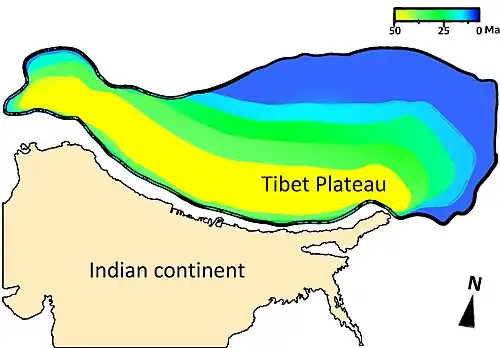 Graphic showing when regions of the Tibetan Plateau reached their present-day elevation