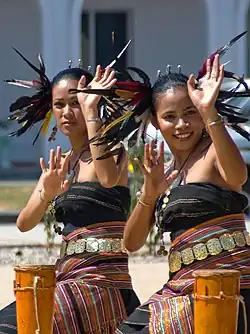 Two women dancing in traditional outfits incorporating feathers and tais cloth