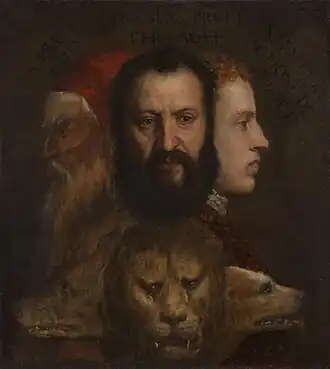 Titian, Allegory of Prudence (c. &nbsp;1565–1570): The three human heads symbolise past, present and future, the characterisation of which is furthered by the triple-headed beast (wolf, lion, dog), girded by the body of a big snake.