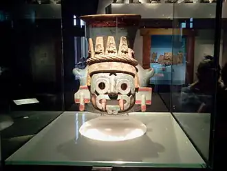 Tlāloc effigy vessel; 1440–1469; painted earthenware; height: 35&nbsp;cm (13⁄4 in.); Museo del Templo Mayor (Mexico City). Templo Mayor, dedicated to Tlāloc.