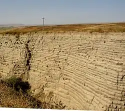 This photo shows another canyon cut into the surrounding flat soil with about 30 distinct horizontal layers of sediment, each clearly demarked from the layer below. Above the canyon a telephone pole can be seen in the distance – the pole provides the perspective that helps the viewer establish that the cut is 30–40&nbsp;ft (9.1–12.2&nbsp;m) deep. In the foreground one observes the near edge of the canyon, which help one establish that the canyon is quite narrow and steep walled.