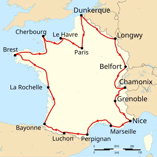 Map of France with the route of the 1912 Tour de France on it, showing that the race started in Paris, went clockwise through France and ended in Paris after fifteen stages.