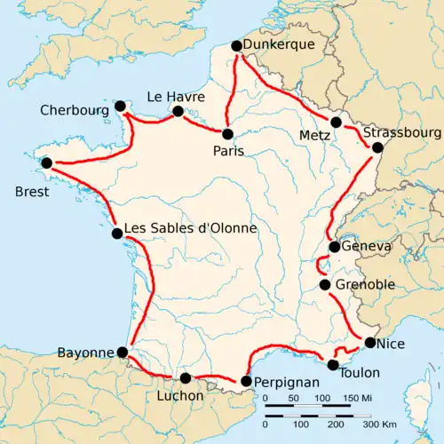 Map of France with 15 cities marked with black dots, connected by red lines.