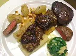 Tournedos Rossini is a French steak dish, purportedly created for the composer Gioachino Rossini by French master chef Marie-Antoine Carême[2] or by Savoy Hotel chef Auguste Escoffier.[3]