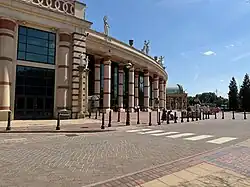 The entrance colonnade and decorated window