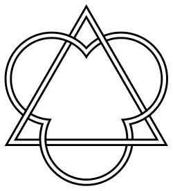 Three interlocking circles with a triangle in the centre, the full, interlocking lines of each now shown.